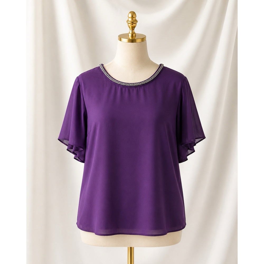 Torrid Purple Popover Blouse Top Georgette Semi Sheer Silver Beaded Neck 2 2x